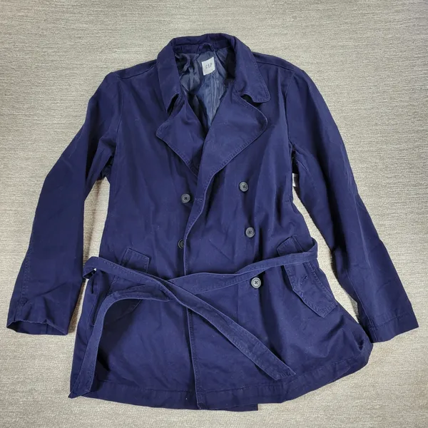 Gap Belted Trench Jacket Womens XXL Navy Blue Cotton Lined Double Breasted - Image 3
