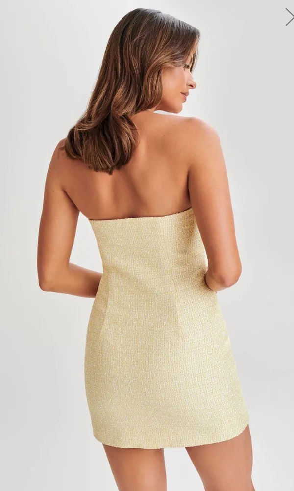 Meshki Yellow Bow Tweed Strapless Dress - Image 3