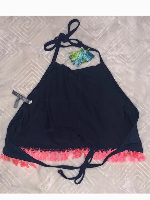 aerie Navy High-Neck Bikini Top with Coral Fringe | Size Medium (New $34.95) - Image 13