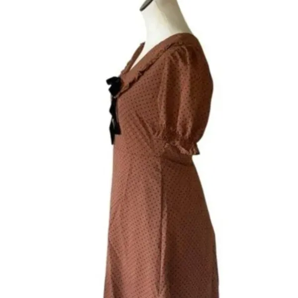 NWOT Blu Pepper POLKA DOT COLLARED VELVET TIE MINI BABYDOLL DRESS RUST BROWN - Image 7
