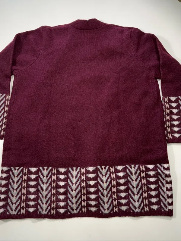 Frye Burgundy Open-Front Cardigan with Cream Geometric Trim Size XL - Image 8