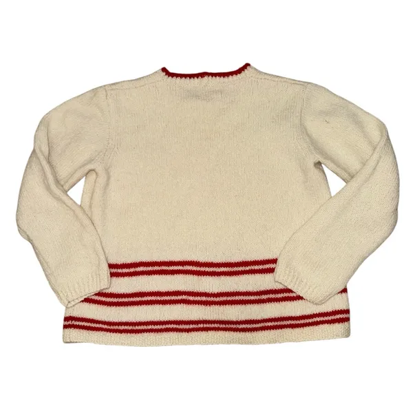 Vintage Unbranded Cream Wool Blend Knit Sweater Red Stripe Preppy Cottage core - Image 2