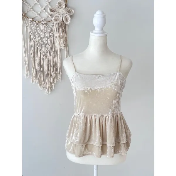American Eagle Crushed Velvet Tank Top Cream Women's Medium Layered Dainty Flowy - Image 3