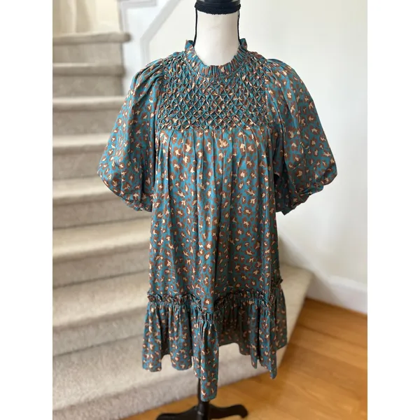 Tyler Böe Blue & Brown Leopard Print Smocked Puff Sleeve Ruffle Dress - Image 2
