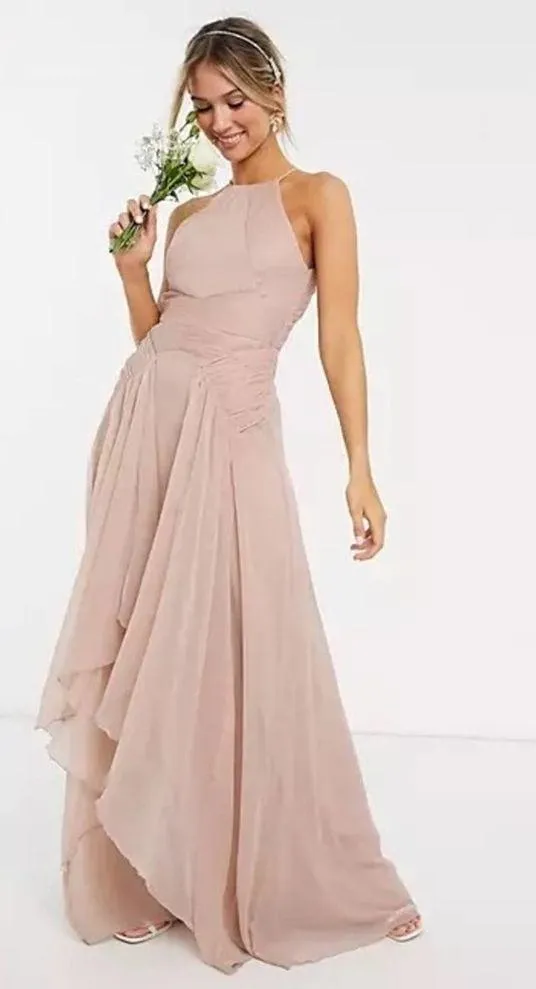 ASOS Design Bridesmaid Pink Blush Pinny Ruched Bodice Chiffon Maxi Dress Size 2 - Image 8