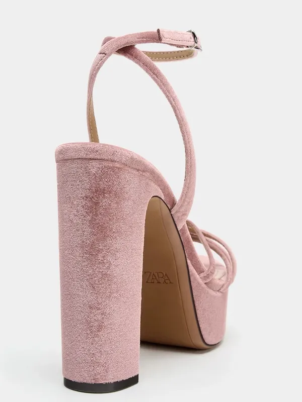 Zara Pink Velvet Platform Block Heel Sandals - Image 6