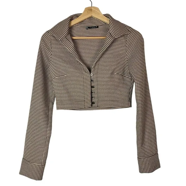 Zara Beige & Black Houndstooth Cropped Long Sleeve Button Down Top‎ XS - Image 2