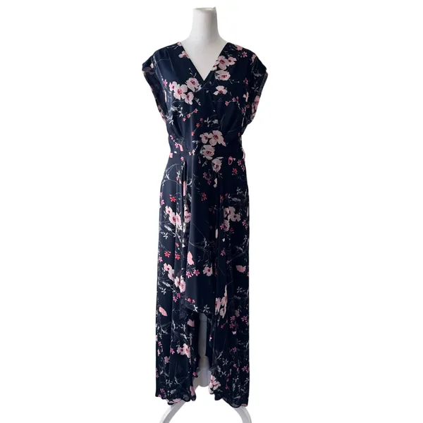 Eliza J Navy Blue Floral Print Cap Sleeve V-Neck High Low Maxi Dress - Image 2