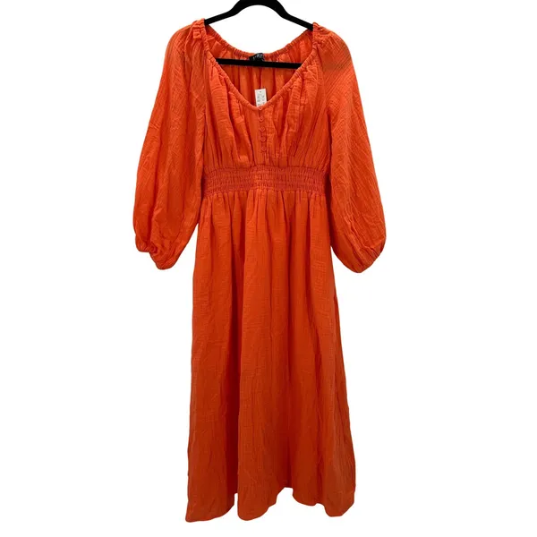 NWT J. Crew Orange Gauze Smocked Waist Midi Maxi Balloon Sleeve‎ Cotton Dress XS - Image 2