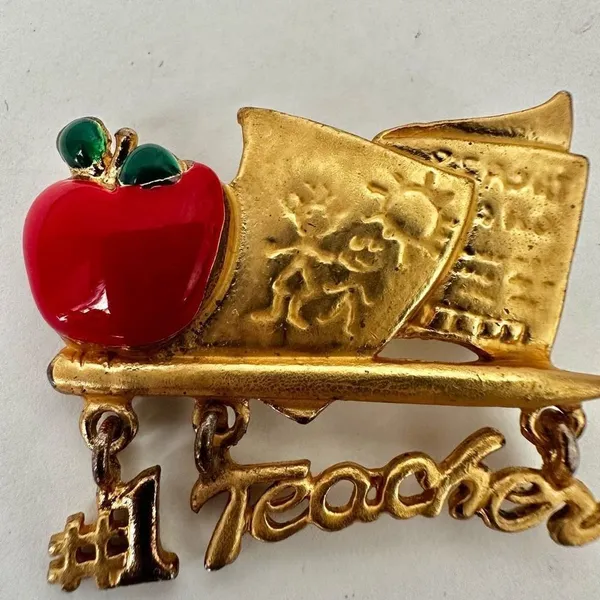 OAJC vintage teacher red apple gold tone brooch - Image 3