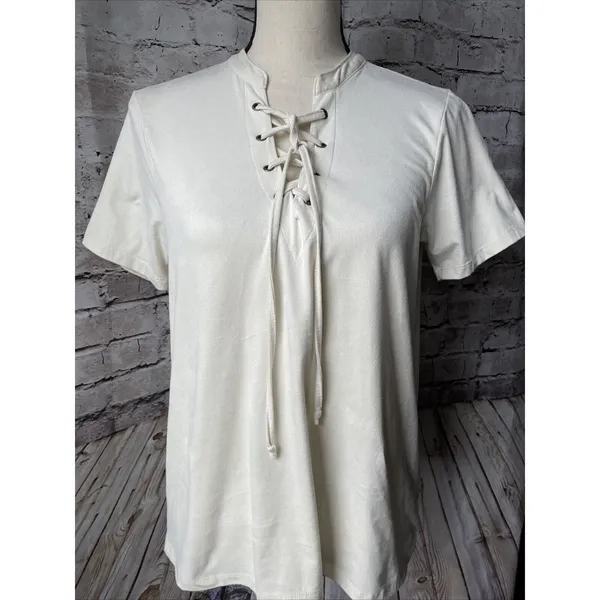 White Crow Womens‎ Shirt Sz M Ivory Faux Suede Lace Up Boho Soft Casual - Image 2
