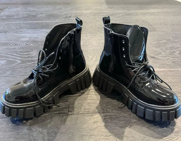 SheIn Black Latex Combat Boots w/ Platform - Image 2