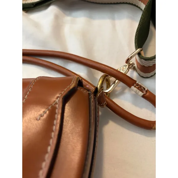 Saddle Bag Crossbody Cognac‎ Brown Striped Webbing Strap Boho Chic Handbag - Image 5