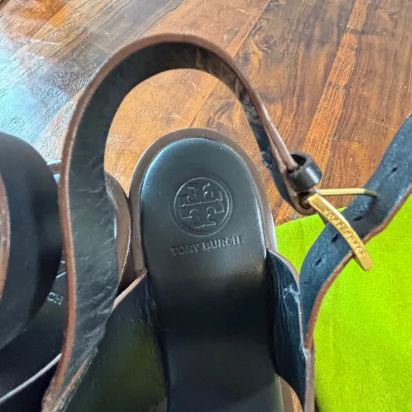Tory Burch Black Leather Platform Wedge Sandals with Dust Bag Gold Buckle - Image 11