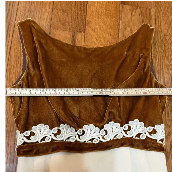 Vintage 60s Bronze Velvet‎ Lace Trim Empire Waist Maxi Dress Cream Column - Image 6