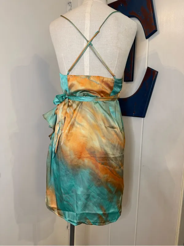 Hello Molly Silky Tie-Waist Slip Dress in Teal & orange women size Large NWT - Image 2