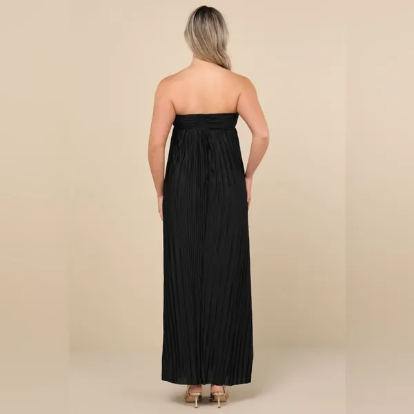 LULU’S Whimsical Beauty Black Satin Plisse Strapless Maxi Dress - Image 4