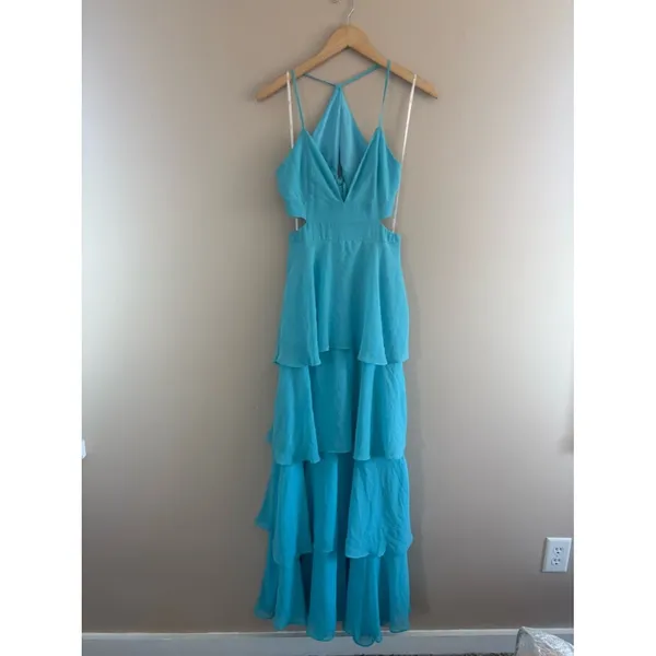 Lulus Tier and Now Blue Tie-Back Tiered Maxi Dress Size Large NWT Wedding Formal - Image 3