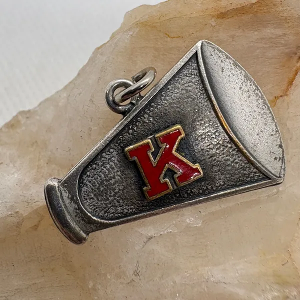Vintage Megaphone Charm Silver Tone Red Enamel Letter K Cheerleader Pendant 4.2g - Image 2