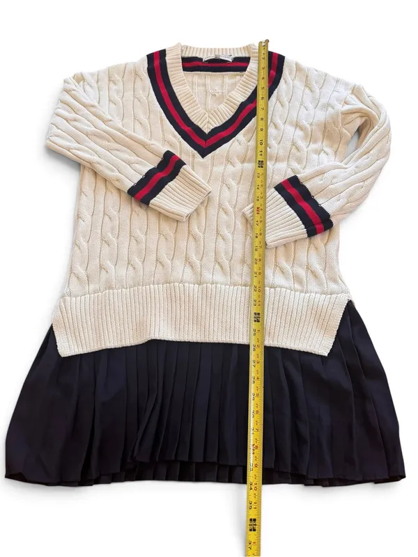 English Factory Cream Cable Knit V-Neck Sweater with Navy and Red Trim - Image 7