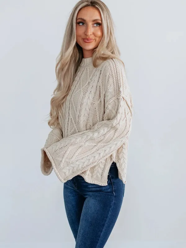 Le Lis Cream Cable Knit Crewneck Sweater - Image 3