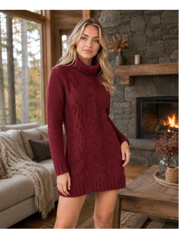 Women's Lulus Burgundy Cable Knit Turtleneck Sweater Dress Size M - Image 7