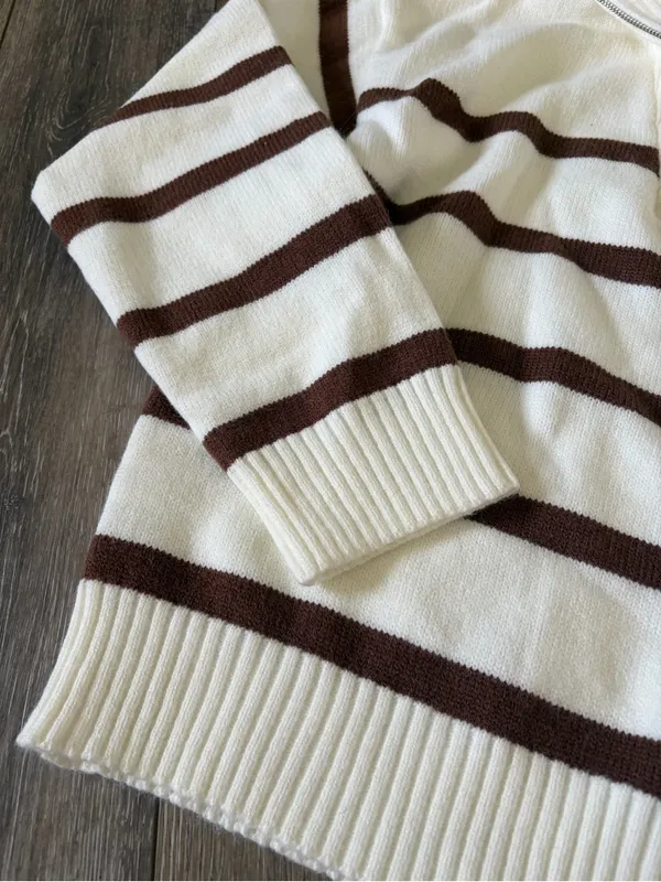 Amazon Cream and Brown Striped Shawl Collar Sweater - Image 3