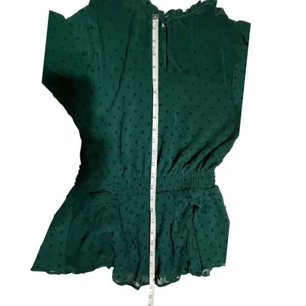 Monteau Los Angeles‎ Swiss Dot Peplum Top Green Ruffle Neck Long Sleeve Small - Image 8