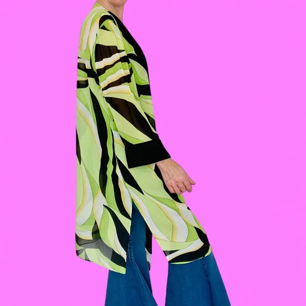 Vintage Green Black Abstract Edgy Art Open Long Sheer Cardigan - Image 4