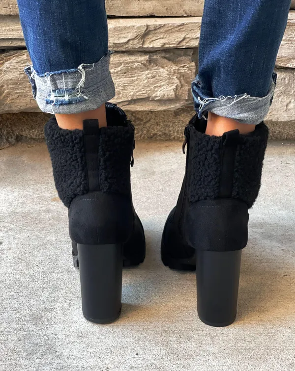 Top Moda Black Fleece Lug Sole ankle Bootie - Image 3