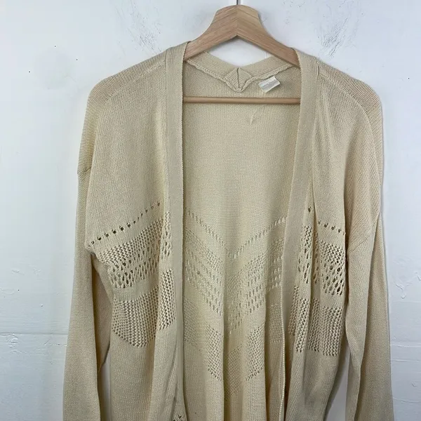 Wild Pearl Open Cardigan with fringe boho cotton crochet design Large cream - Image 4