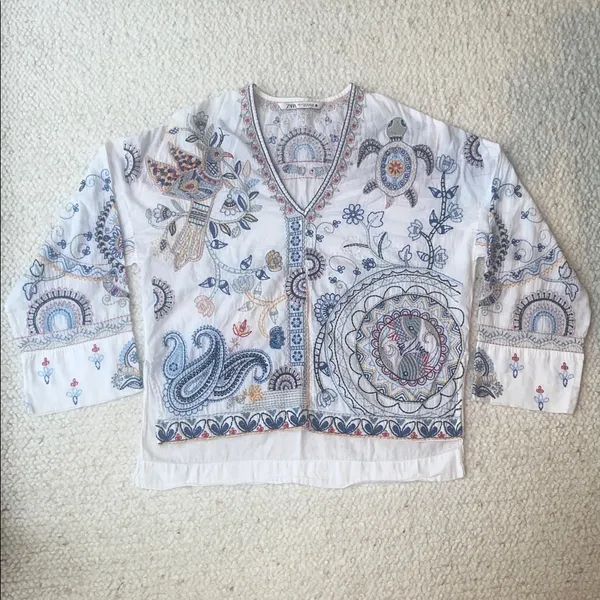 Zara Embroidered Floral‎ Fish Turtle Bird V-Neck Blouse Oyster White Small - Image 5