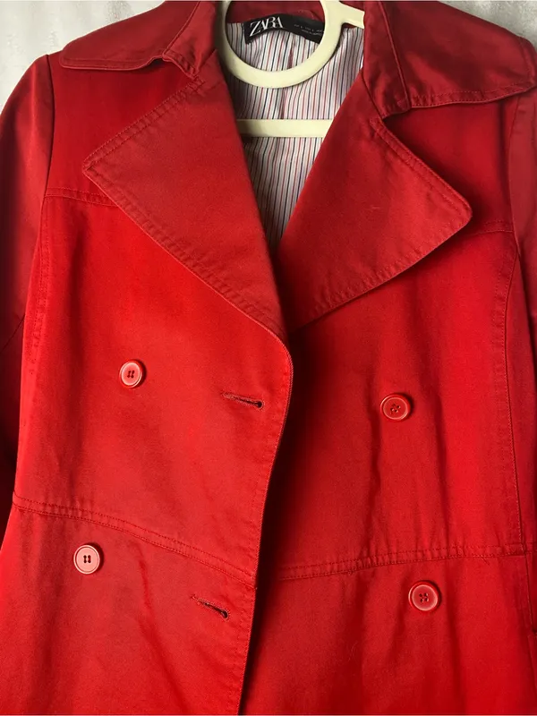 Zara Vibrant Red Double-Breasted classic preppy tailored Trench Coat L - Image 2
