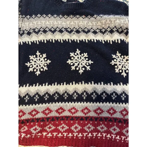 Vintage Red, White, and Blue Striped Snowflake Grandpa Sweater - Image 4