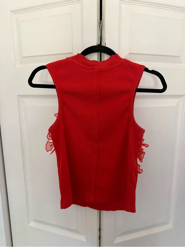 Anthropologie Sleeveless 3D Floral Appliqué Top Coral Orange Ribbed Tank Small - Image 8