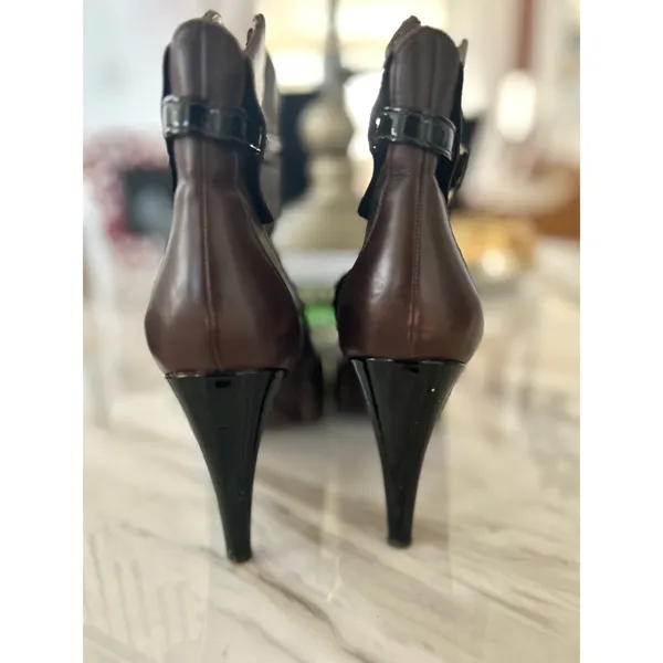 Via Spiga Chocolate Brown Leather Gold Buckle Point Toe Stiletto Boot - Image 6
