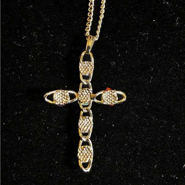 Multicolor Raw Gemstone Cross Necklace Silver tone - Image 3
