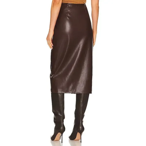 Enza Costa Vegan Leather High Waisted Wrap Midi Skirt Chocolate Brown 0 - Image 4