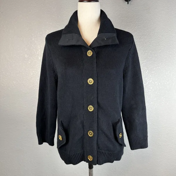 Ralph Lauren Classic Gold Button Cardigan Sweater Jacket Size L Black‎ Cotton - Image 6
