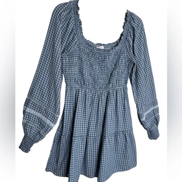 American Eagle Plaid Mini Dress Smocked Long Sleeve Square Neck Gingham Babydoll - Image 3