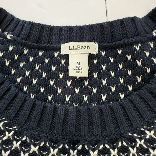 LL Bean Navy Blue White Crew Neck Pullover Cotton Button‎ Detail Sweater MEDIUM - Image 9