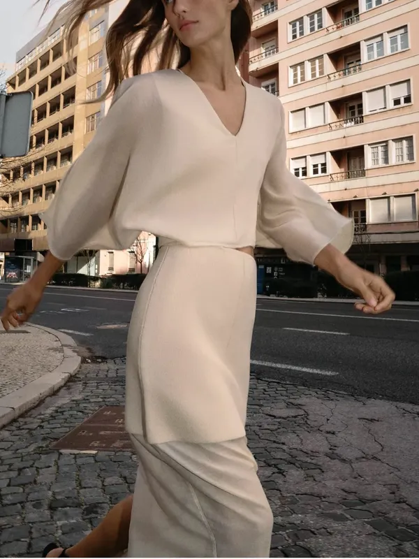 Zara NWT SET Cream V-Neck Balloon Sleeve Top & Skirt - Image 2