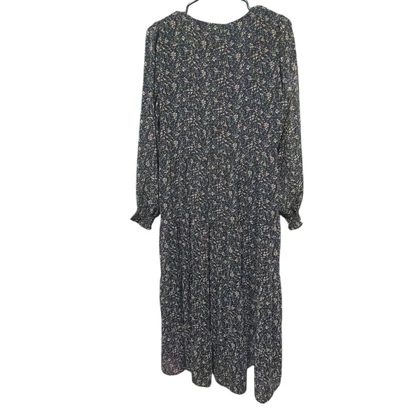 Bohme Navy Blue Floral Tiered Midi Dress Long Sleeve Smocked Cuffs Womens Size M - Image 2