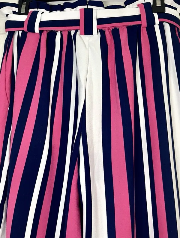 Express SzM High Rise Striped Paperbag Wide Leg Pants Pink Navy White - Image 14