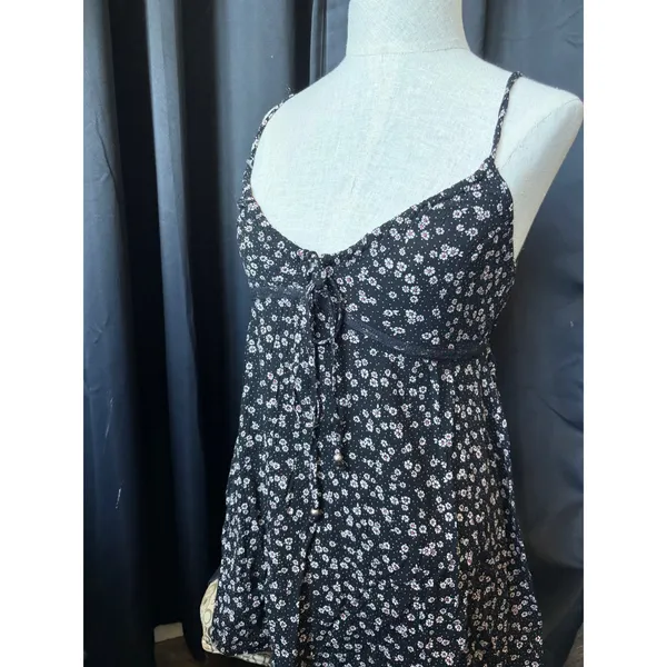 Angie Floral Mini Dress Black Pink Daisy Empire Waist Tie Front‎ Small - Image 2