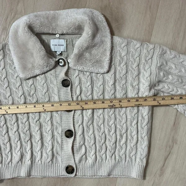 PINK ROSE Cable Knit Faux Fur‎ Collar Cardigan Sweater Cream Beige Penny Lane - Image 3