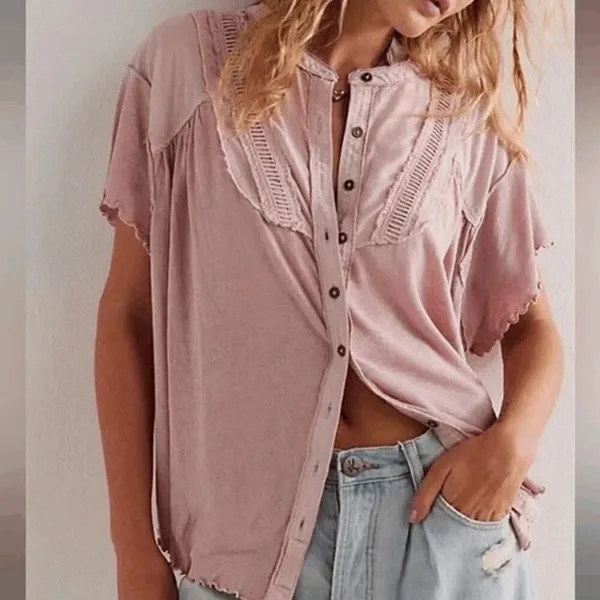 Free People We The Free Blush Pink Sophia Button Down Blouse Small NWOT - Image 8