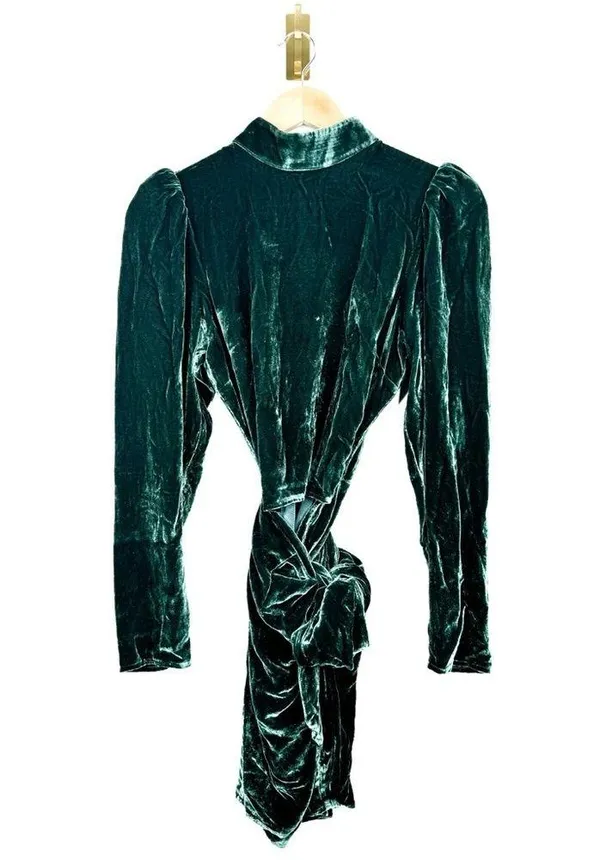 Reformation BURGUNDY green velvet mock neck long sleeve wrap mini dress size 6 - Image 6