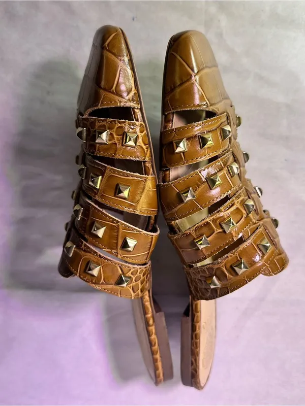 Vince Camuto Cognac Braided Leather Slide Mules with Gold Studs - Image 5