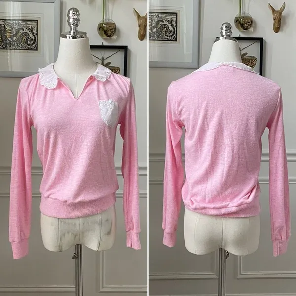 Vintage 70s Pink Top White Eyelet Lace Peter Pan Collar XS - Image 2
